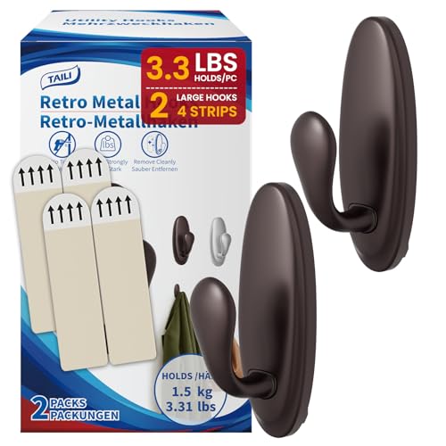 Image of TAILI Metal Adhesive Hooks for Wall No Damage, 2 Pack Heavy Duty Brown