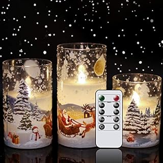 Eldnacele Glass Flickering Flameless Santa Claus Candles with Remote Timer Battery Operated Led Pillar Candles 3 Pack, Santa Sleigh Pattern Real Wax Candles for Christmas Home Decoration