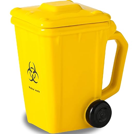 Funny Rubbish Bin Cup, Waste Paper Basket Cup Porcelain Coffee Cup with Handle Lid, Novelty Rubbish Bin Ceramic Cup, Porcelain Tea Cup Water, Drinking Cup, Milk Cup, Gifts Cup, 400 ml (Yellow)