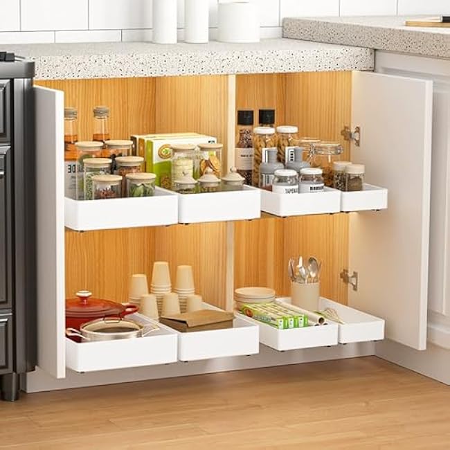 4 Pack Pull Out Cabinet Organizer, Different Size Pull Out Drawers for Cabinets, Peel and Stick Slide Out Drawer Shelves, Multifunctional Drawer Organizers for Kitchen, Pantry, Bathroom (White)