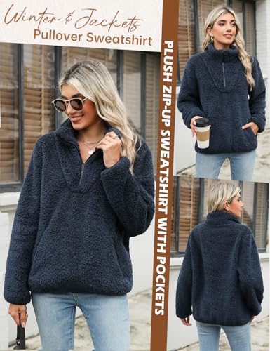 Tuopuda Pullover Damen Sweatshirt Herbst Winter Flauschig Pulli Fleece Weich Langarmshirt mit 1/4 Zip Taschen Langarm Locker Oberteile Tops Shirts Winterpullover ohne Kapuze, Marine, L