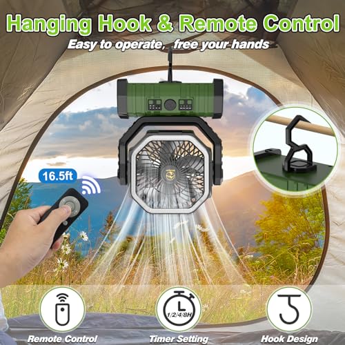 20000mAh Rechargeable Camping Fan - Auto-Oscillating Portable Fan with Remote & LED Lantern for Outdoor, Tent, Travel, Home & RV - Image 5