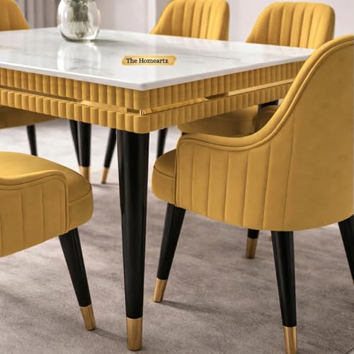 Image of Elara Modern Dining Table Set 6-Seater Wooden Dining Table Set | 1 Year Warranty | Nano Composite Marble Marble Top Table with 6 Chairs (Yellow)