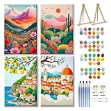 JOOZ 4 Pack Paint by Numbers Kit for Adults with Frame Landscape Paint by Number with Easel DIY Mountain Adult Paint by Number Kits Sunset Lake Oil Painting Kits for Home Wall Decor 8x12 Inch