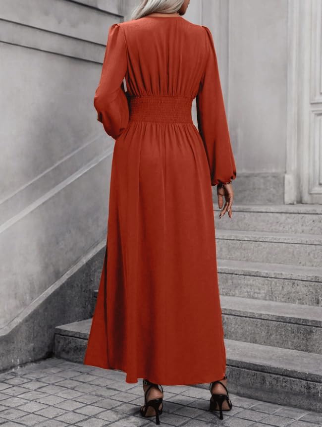 Women's Cocktail Holiday Spring Wedding Guest Dresses Deep V Neck Long Sleeve Split Polyester Caramel Formal Casual - Image 7