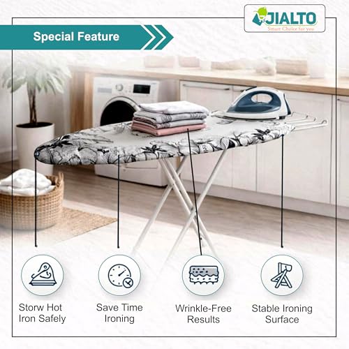 Image of JIALTO Vertical Ironing Board with 16 mm Metal Bracket, Adjustable Height Stand, Pure Cotton Cloth Cover, Foldable Iron Board for Home (Black and White, A0-1 - 111 L X 30 W CM)