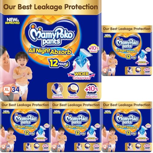 Image of MamyPoko New Pants All Night Absorb|Pant Style Baby Diapers X- Large Size(XL), 34 Count, Ideal for 12-17Kgs|1 Diaper: Upto All Night Absorption now with 10% increased power|Wider Crisscross Sheet
