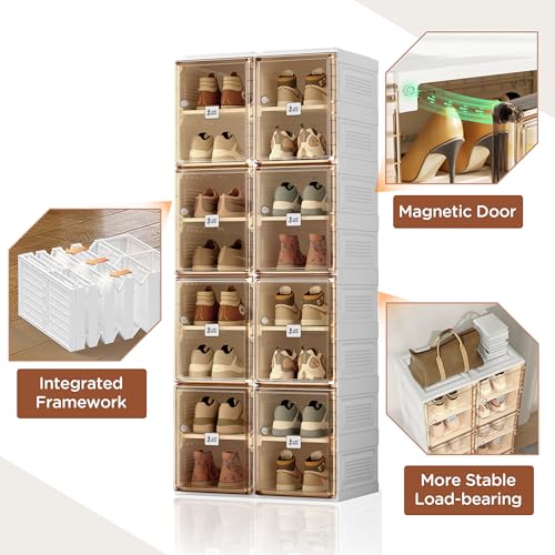 Image of ANTBOX Shoe Organizer Storage Box, Portable Folding Shoe Rack For Closet With Magnetic Clear Door,Large Sneaker Cabinet Bins Sturdy Easy Assembly 8 Layers-16 Grids