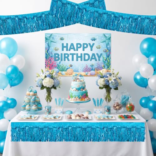 Image of BEISHIDA 3 Pack Lake Blue Wavy Foil Fringe Garland 30ft Tinsel Wall Decor