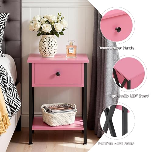 Image of VECELO Nightstand,Modern Bedside End Table, Night Stand with Drawer and Storage Shelf for Living Room Bedroom, Industrial Metal Frame