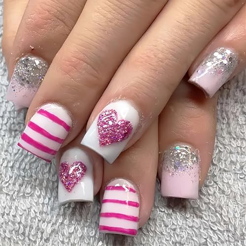 24Pcs Glitter Heart Press on Nails Short Square Fake Nails