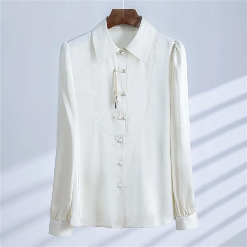 Women's Vintage Chinese Style Button-Up Shirt Office Ladies Blouse Solid Color Long Sleeve Loose Tops