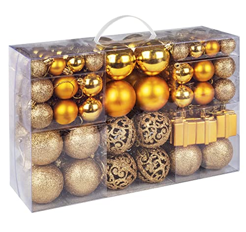 ilauke Christbaumkugeln Set 105 Teilig Weihnachtskugeln Gold aus Kunststoff - Weihnachtsbaum Deko Anhänger & Christbaumschmuck in Unterschiedlichen Größen für Weihnachtsbaum Party Home Hochzeit