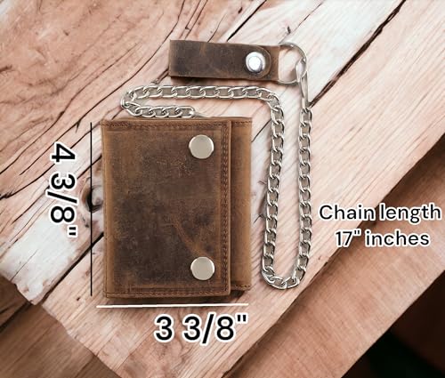Image of F&L CLASSIC RFID Blocking Men's Tri-fold Vintage Biker Cowhide Leather Steel Chain Wallet,Snap closure, USA,Vintage buffalo brown,315