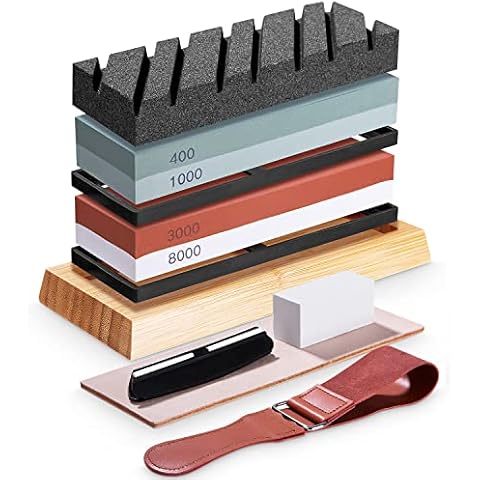 FAOKZE Abziehstein Schleifstein Set 9-in-1, Doppelseitig 400/1000 und 3000/8000 Grit Messerschärfer, Professionell Wetzstein Whetstone mit Rutschfester Bambusboden Winkelführung Leder-Streichriemen Cover