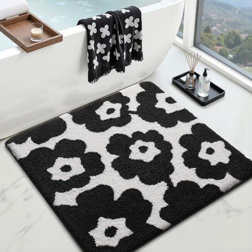 LUMI Floral Bathroom Rugs, Soft Absorbent Square Bath Mat, Non-Slip Quick Dry Luxury Rug, Flower Black White Mats for Shower Floor, Bathtub, Home Decor, Modern Aesthetic, 32'x32'