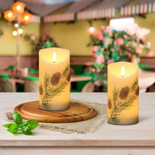 Image of Pinecone Flameless Flickering Candles Battery Operated with 6H Timer 3D Wick LED Pillar Candles Real Wax Hand-Painted Dinner Holiday Christmas Indoor Decoration(2 Pack, 3 inch D x 5.7 inch H)