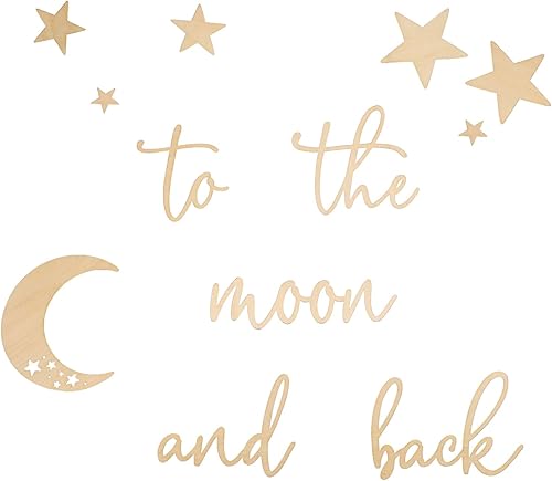 Lintran Decoración de pared 3D de madera con cita de To the Moon and Back con luna y estrellas, decoración de pared única para guardería, habitación