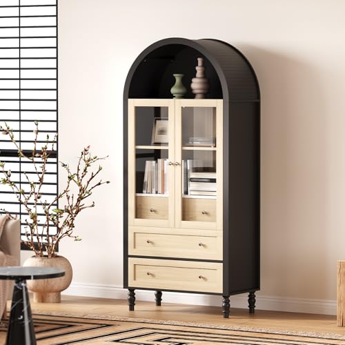 Image of Garvee 71 inch Arched Cabinet with Glass Doors, Modern Tall Kitchen Pantry Storage with Adjustable Shelves, Wood Display Bookcase for Living Room, Dining Room