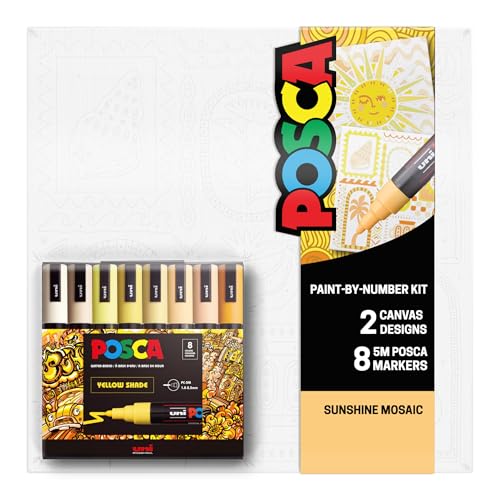 Image of POSCA Canvas Paint by Number Kit, Sunshine Mosaic - 8 Markers with 2 Pre-Drawn Canvases - for All Artists and Holiday Gifting