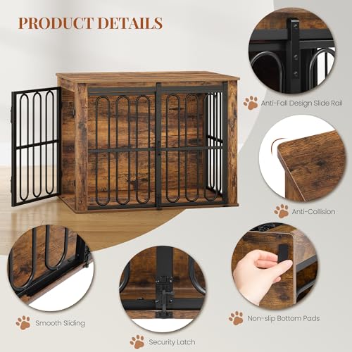 HEXCELEN Hundekäfig-Möbel aus Holz, 81 cm Hundebox für Zuhause, Hundekäfig mit 2 Türen, Schiebetüren, für Kleine, Mittlere Hunde, Robuster, Beistelltisch, 81 × 55 × 62,4 cm, Braun