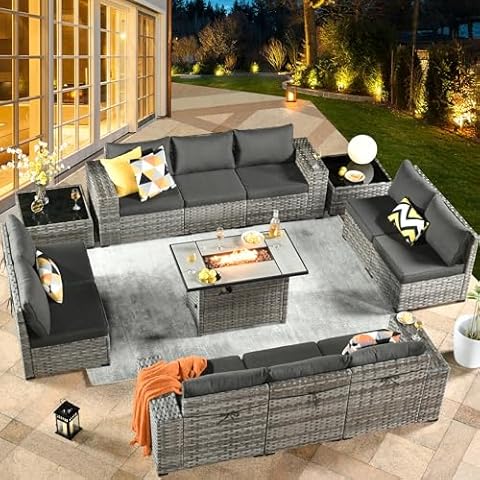 HOOOWOOO 13 Piece Modular Patio Outdoor Sectional Furniture Set with Gas Propane Fire Pit Table,Wicker Conversation Sofa Set,Out Door Couch Set with Wide Arm Outside(Black) Cover