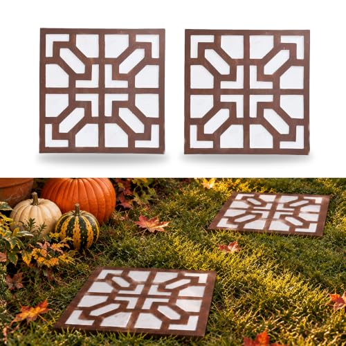 2 Pack Square Stepping Stones, 10” Cement Garden Path Stones in Moroccan Tile Design, Modern Geometric Outdoor Patio Decor, Weather-Resistant (Sahara Clay)