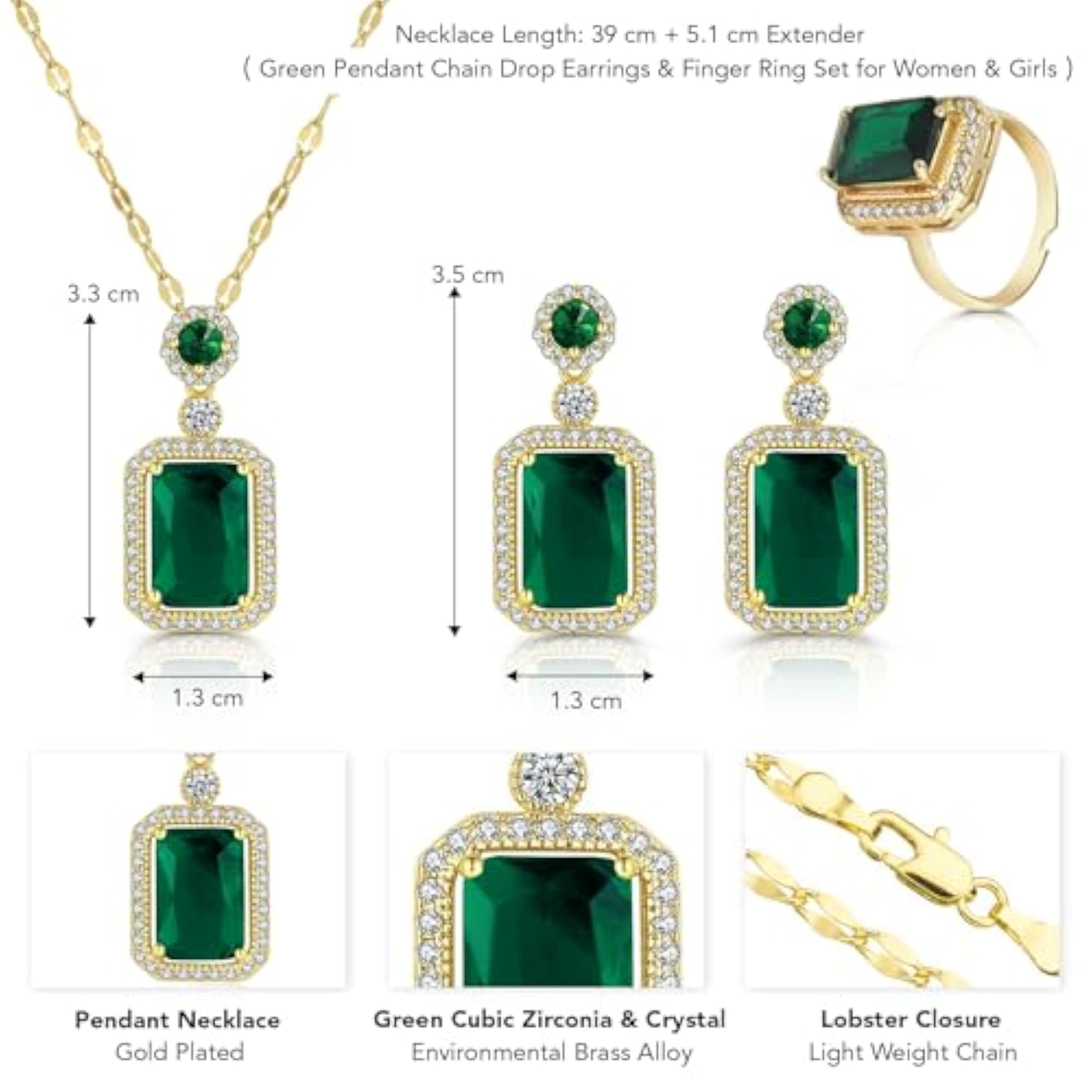 Gold Plated Cubic Zirconia Studded Pendant Chain Drop Earrings & Ring Set