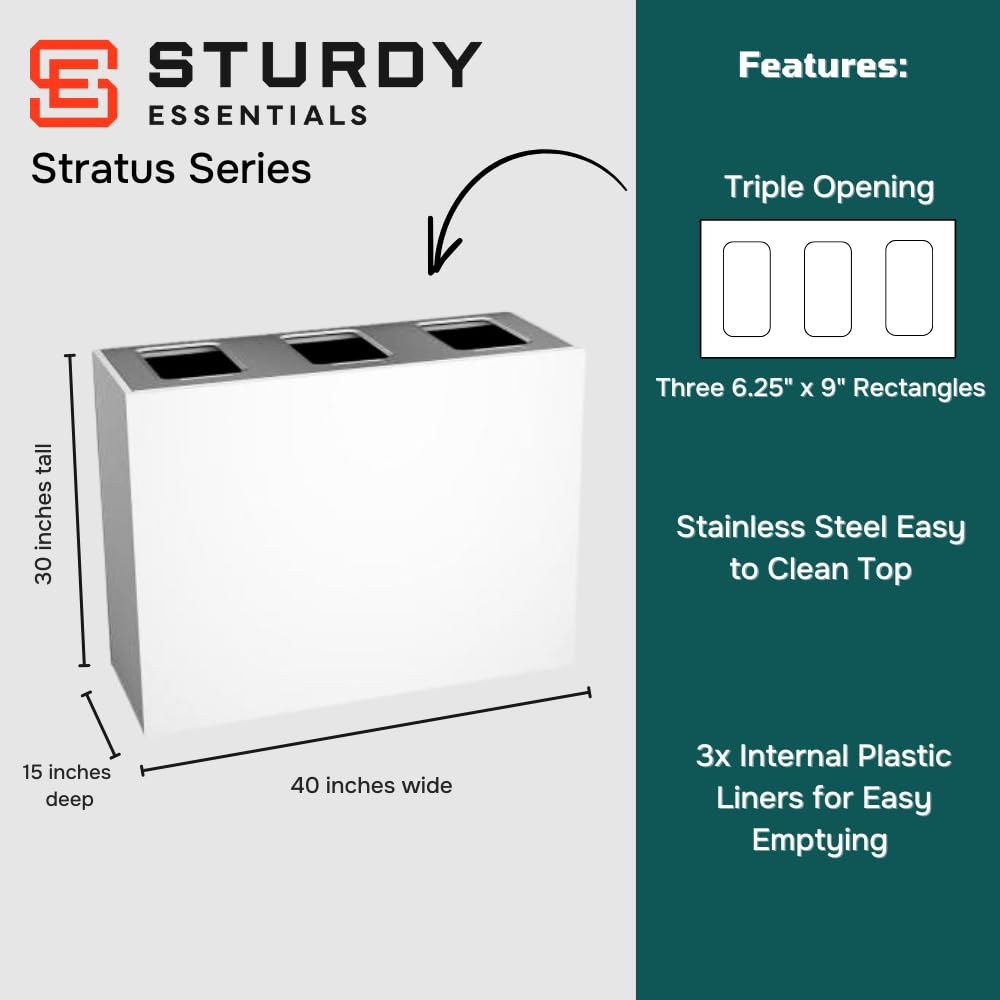 Sturdy Essentials Stratus Series Recycling and Trash Receptacle Bin Modern Style with White Glacier Finish, Triple Bin with Three Full Openings for Recycling and Waste