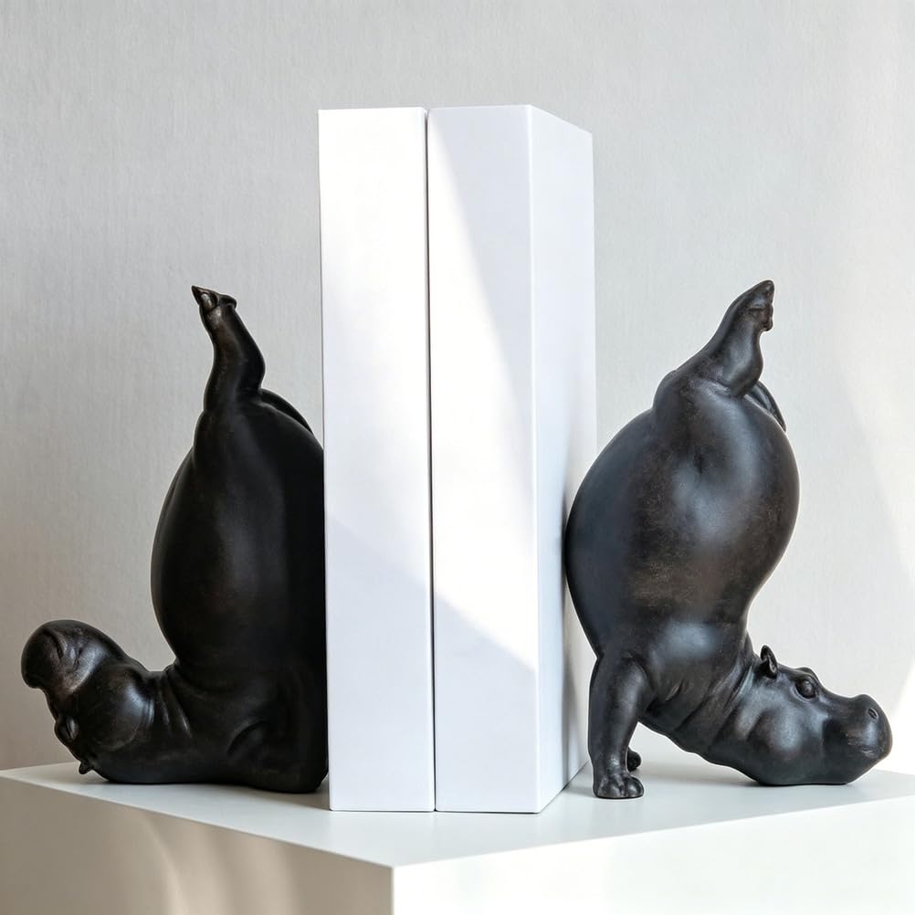 Serre-livre hippopotame en résine solide de 1.9kg, sculpture de prestige pour bibliothèque