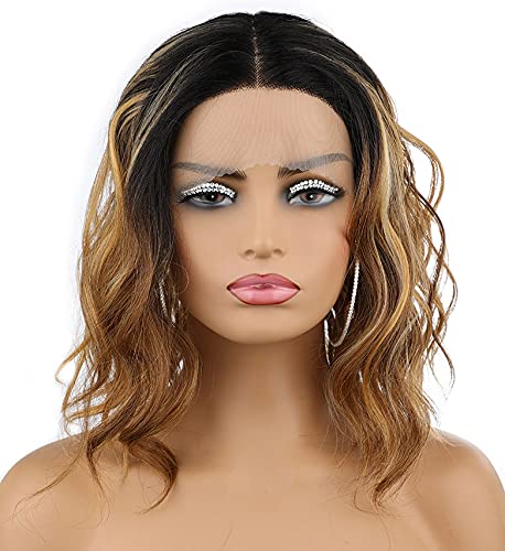 aSulis Lace Front Wig Highlight Wig Short Wig Blonde Mixed Brown Curly Wig Synthetic Hair