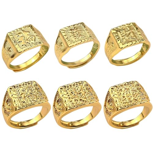 CYUaoao 6 Stk Herren Vergoldeter Ringe Set Hip Hop Ringe Verstellbar Siegelringe Rock Ring Reich Glück Reichtum Kanji Bandring Trauring Gold