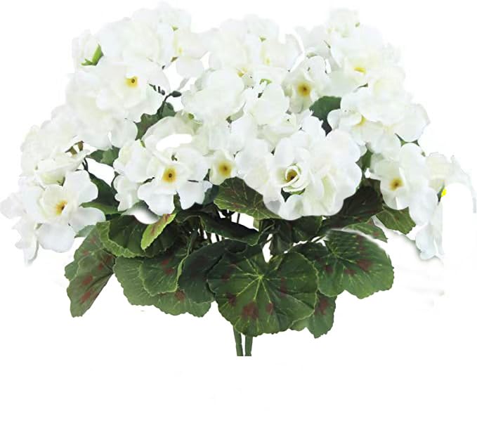 2Pcs Artificial Geraniums Silk Flowers Outdoor Artificial White Geranium Bush Faux Flowers Geraniums for Floral Home Decor Indoor Garden Patio Grave Cemetary Vase Table Centerpiece…