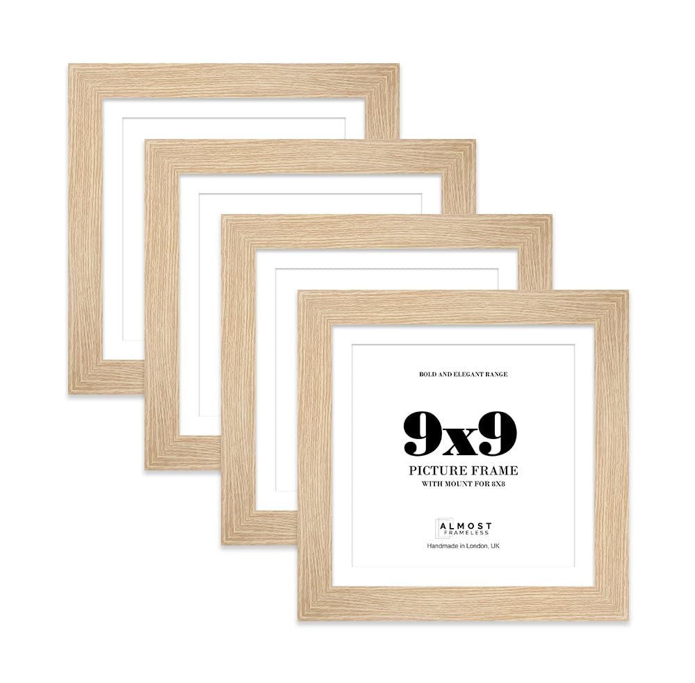 9x9" Oak Square Frame With Mount for 8x8" Pictures 28mm Edge Frame Display with Wall Hooks and Kickstand, 4 Pack