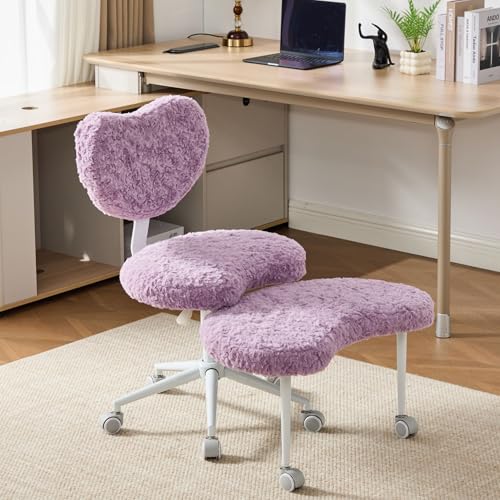Image of Ergonomic Cross Legged Office Chair with Wheels, ADHD Chair for Adults, Meditation Chair, Yoga Office Chair, Comfortable Back Support, Height Adjustable,Small Spaces,Faux Fur-Violet
