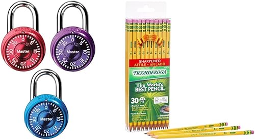 Master Lock 1533TRI - Candado de combinación de candado para casillero, 3 unidades (paquete de 1), los colores pueden variar y lápices Ticonderoga,