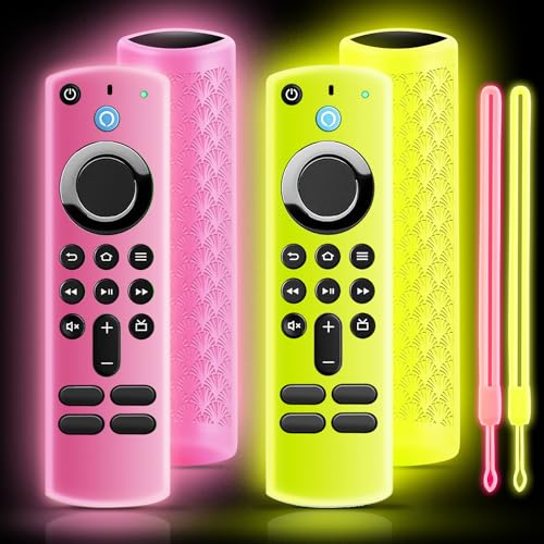 Image of ONEBOM (2 Pack) Silicone TV Remote Cover,Anti Slip Silicone Protective Case with Same Color Lanyard(Glow Pink&Glow Yellow)