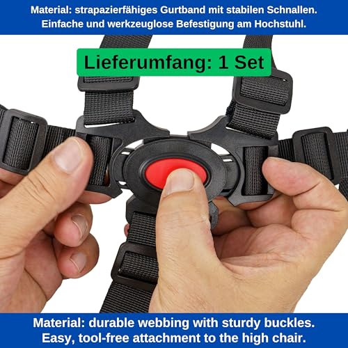 Hochstuhl Sicherheitsgurt, 1 Set, in Schwarz, kompatibel mit Hauck, Stokke Tripp Trapp, Roba, mitwachsender Kinderschutzgurt, 5 Punkt Gurtsystem Kinderhochstuhl, Kindersicherheitsgurt Stuhl Baby Tisch