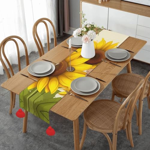Chemin de table rustique fleuri avec pompons - Décoration de table champêtre