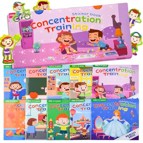 ASTARON Confezione da 10 adesivi riutilizzabili per bambini dai 2 ai 6 anni, libro di attività adesive per bambini, per allenamento di concentrazione, adesivi da viaggio e giocattoli