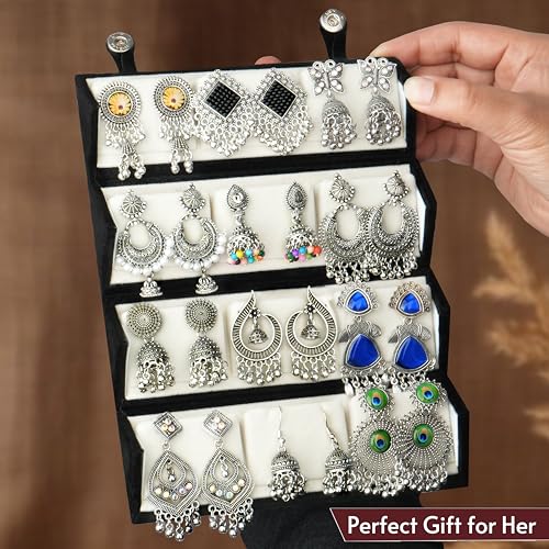 Image of The Wallet Store Ishq-E-Jhumka Oxidized Designer Earrings Set of 12 With Folding Jewelry Box | Minimalist & Traditional Jhumka Set for Womens & Girls