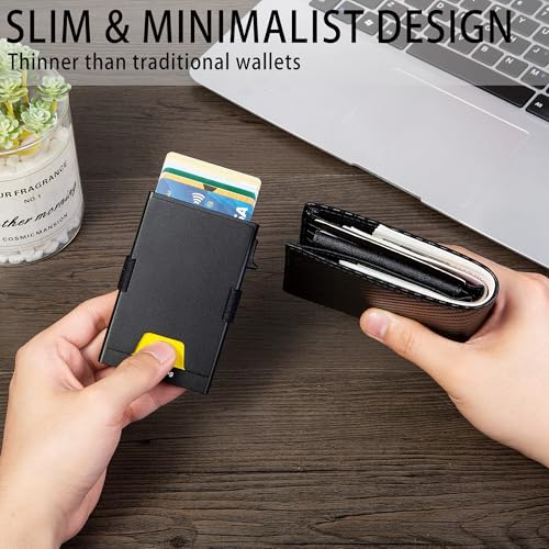 Minimalist Mens Card Holder Wallet, RFID Blocking Slim Smart Pop Up Aluminum Wallet,Holds 12+ Cards,Expandable Compact Plate,Cash Strap/Money Clip (Black)4