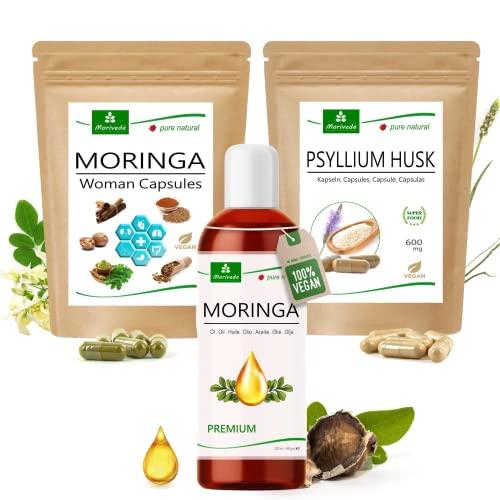 MoriVeda® Ensemble de produits Girl Power | Capsules Psyllium Husk, Capsules Moringa Femme, Huile de Moringa Premium | vitamines, antioxydants, minéraux