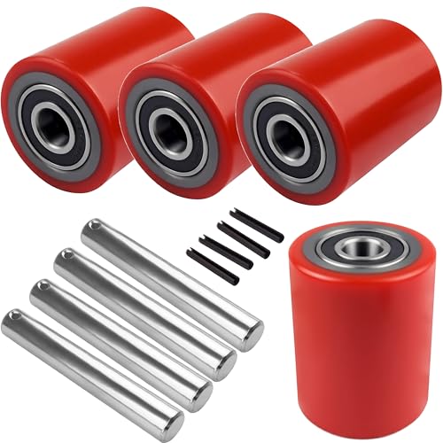 Image of Heavy Duty Pallet Jack Load Wheels Replacement Kit (2 Pairs / 4 Wheels) - 3 inch x 3.75 inch (74.5mm x 93mm) Polyurethane Tread, Pre-Installed 20mm Bearings w /Axles & Pins (Red)