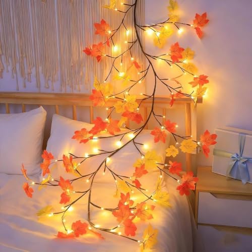 Image of Decorative Maple Leaf Vine String Lights 5.25 ft, 72 LED Fairy Lights with Remote Control, 8 Lighting Modes, USB Powered Wall Decoration Lights for Bedroom, Wedding & Festival