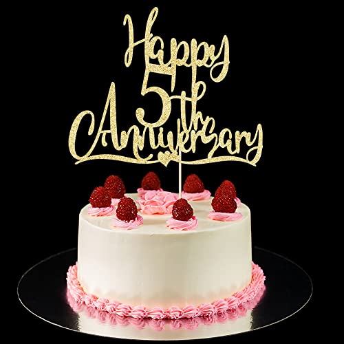 5Th Happy- Anniversary Cake Topper Gold Glitter- Wedding Cake Topper Supplies Decorations 5Th 10Th 15Th 20Th 25Th 30Th 40Th 50Th 60Th Anniversary Birthday Party Cake Decoration Ideas (5Th Gold) #TOP3