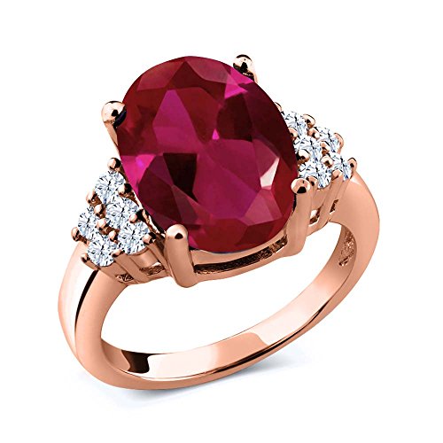 Gem Stone King 5.40 Ct Oval Red Created Ruby White Topaz 18K Rose Gold Plated Silver Ring (Size 6)
