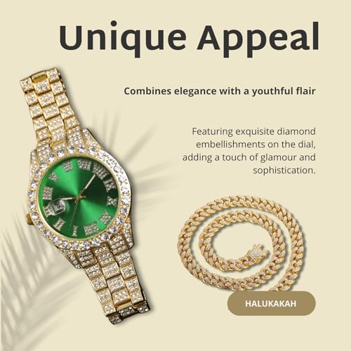 Image of Halukakah Diamonds Gold Watch Iced Out for Boy Teens Kids - 18K Real Gold /Platinum Plated,42mm Blue /Green /Red Dial,Japanese Quartz - 8 inch Length - Optional with Cuban Link Chain,with Watch Adjuster Tool