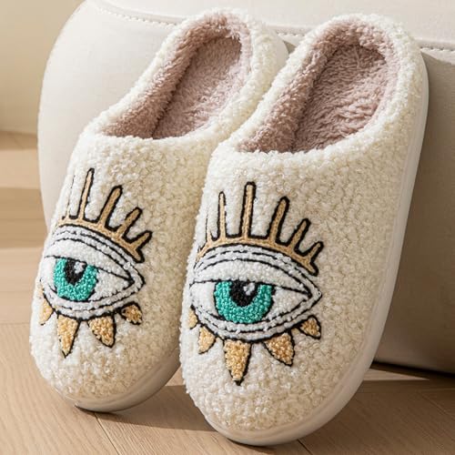 Image of Womens Mens House Slippers Retro Comfy Warm Plush Slip on Fluffy Memory Foam Home Sippers for Winter Indoor Outdoor