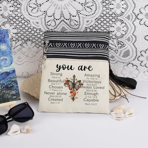 Cross Print Christian Siste Crossbody Bag Butterfly Floral Blessing Design Adjustable Shoulder Strap for Women Religious Scripture Gift Idea for Birthday or Christmas​​3